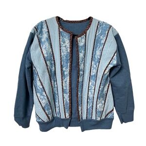 Vintage Handmade Quilted Patchwork Open Front Blue Shacket Sweat Shirt Cardigan